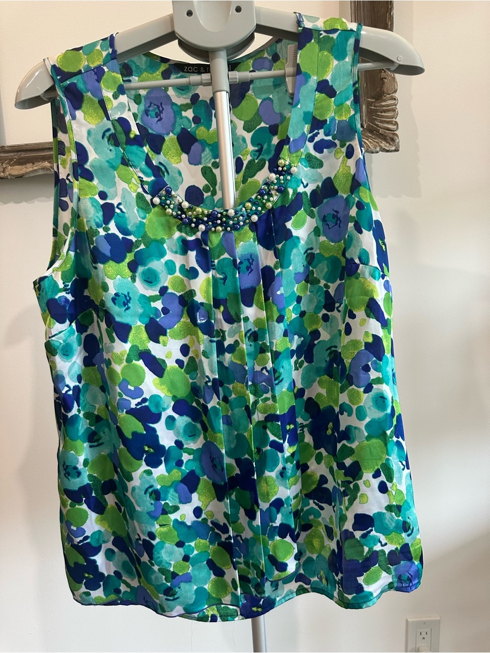 Zac & Rachel Beaded Neckline Floral Print Tank in Blue & Green